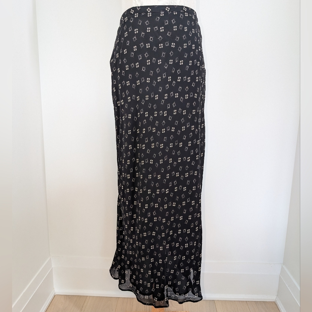Vintage Black Patterned Bias Cut Midi Skirt With Double Layers